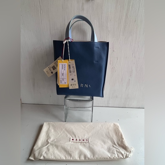 MARNI Museo Small Leather Tote Bag- Opal Cigar Light Blue - Picture 12 of 12